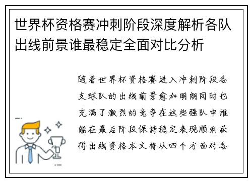 世界杯资格赛冲刺阶段深度解析各队出线前景谁最稳定全面对比分析